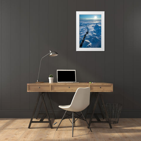Norway Icescape at 84 degrees north-crack in ice with sunburst White Modern Wood Framed Art Print by Hopkins, Cindy Miller