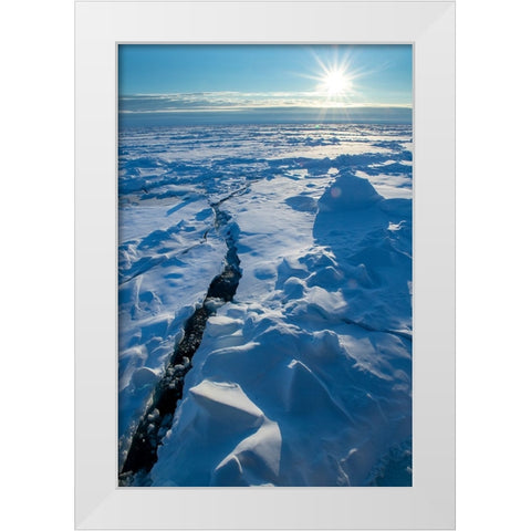 Norway Icescape at 84 degrees north-crack in ice with sunburst White Modern Wood Framed Art Print by Hopkins, Cindy Miller