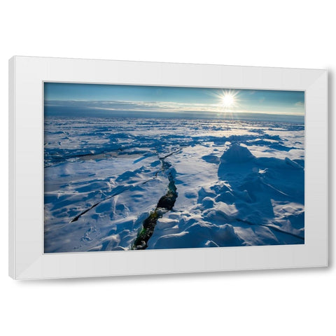 Norway Icescape at 84 degrees north-crack in ice with sunburst White Modern Wood Framed Art Print by Hopkins, Cindy Miller