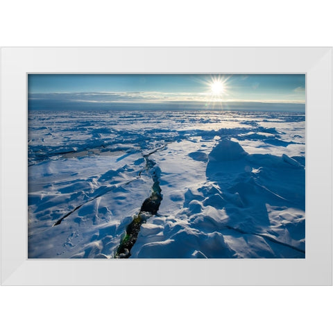 Norway Icescape at 84 degrees north-crack in ice with sunburst White Modern Wood Framed Art Print by Hopkins, Cindy Miller