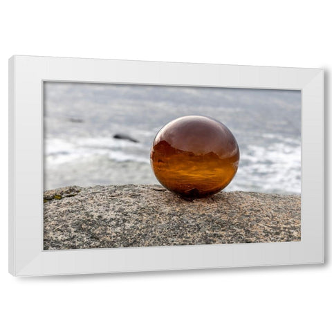 Norway- Lofoten Islands- Vareid. Mountains and ocean viewed through a glass ball White Modern Wood Framed Art Print by Looney, Hollice