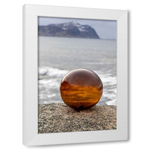 Norway- Lofoten Islands- Vareid. Mountains and ocean viewed through a glass ball White Modern Wood Framed Art Print by Looney, Hollice