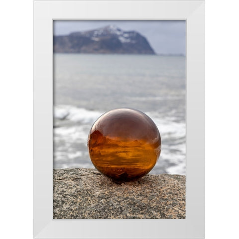 Norway- Lofoten Islands- Vareid. Mountains and ocean viewed through a glass ball White Modern Wood Framed Art Print by Looney, Hollice