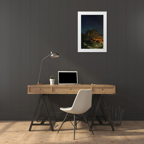 Norway- Lofoten Islands. Aurora Borealis In the sky above Hamnoy in Reine White Modern Wood Framed Art Print by Looney, Hollice