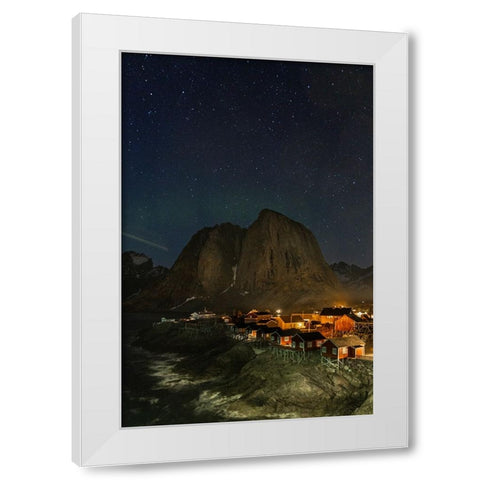Norway- Lofoten Islands. Aurora Borealis In the sky above Hamnoy in Reine White Modern Wood Framed Art Print by Looney, Hollice