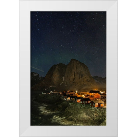 Norway- Lofoten Islands. Aurora Borealis In the sky above Hamnoy in Reine White Modern Wood Framed Art Print by Looney, Hollice