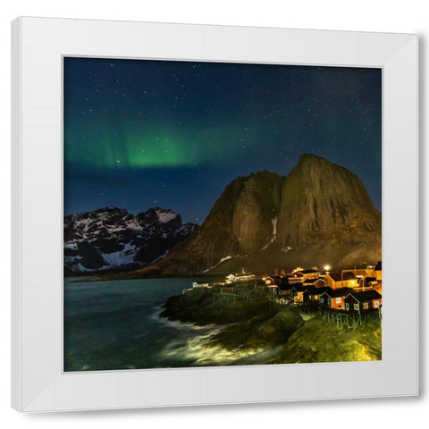 Norway- Lofoten Islands. Aurora Borealis In the sky above Hamnoy in Reine White Modern Wood Framed Art Print by Looney, Hollice
