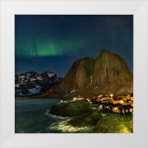 Norway- Lofoten Islands. Aurora Borealis In the sky above Hamnoy in Reine White Modern Wood Framed Art Print by Looney, Hollice