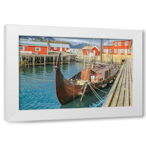 Norway- Lofoten Islands. Ballstadoy from across the lake White Modern Wood Framed Art Print by Looney, Hollice