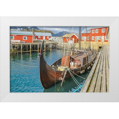 Norway- Lofoten Islands. Ballstadoy from across the lake White Modern Wood Framed Art Print by Looney, Hollice