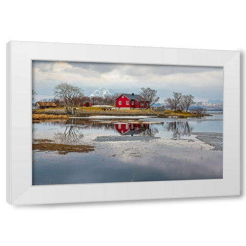 Norway- Lofoten Islands. View across Indrepollen Lake. White Modern Wood Framed Art Print by Looney, Hollice