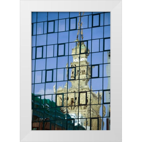 Poland, Warsaw Building reflects in new building White Modern Wood Framed Art Print by Zuckerman, Jim