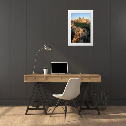 Poland Distant view of Ogrodzieniec Castle White Modern Wood Framed Art Print by Zuckerman, Jim