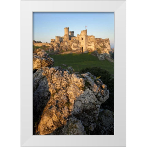 Poland Distant view of Ogrodzieniec Castle White Modern Wood Framed Art Print by Zuckerman, Jim