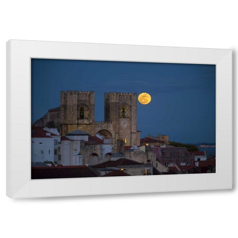 Portugal, Lisbon Lisbon Cathedral and full moon White Modern Wood Framed Art Print by Zuckerman, Jim