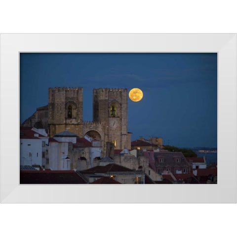 Portugal, Lisbon Lisbon Cathedral and full moon White Modern Wood Framed Art Print by Zuckerman, Jim