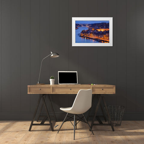Portugal, Porto View of city and harbor at night White Modern Wood Framed Art Print by Zuckerman, Jim