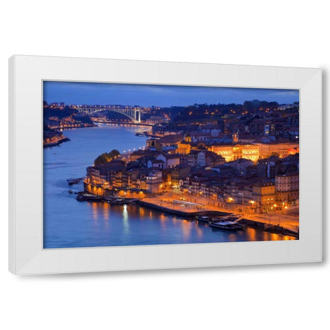 Portugal, Porto View of city and harbor at night White Modern Wood Framed Art Print by Zuckerman, Jim