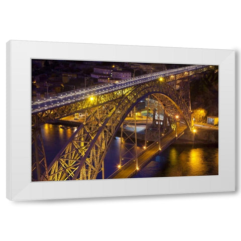 Portugal, Porto Dom Luis I Bridge lit at night White Modern Wood Framed Art Print by Zuckerman, Jim