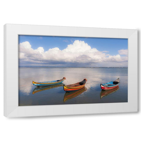 Europe-Portugal-Aveiro Lagoon-Traditional fishing boats moored in water White Modern Wood Framed Art Print by Jaynes Gallery