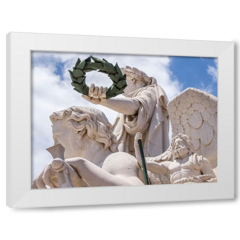 Portugal-Lisbon-Close-up of sculptures at the top of 18th century Arco da Rua Augusta-Statue of Glo White Modern Wood Framed Art Print by Eggers, Julie