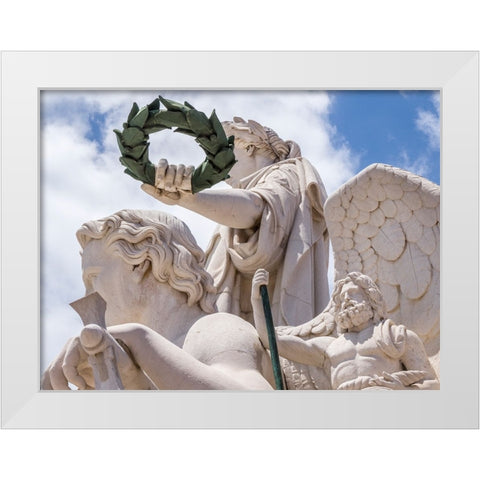 Portugal-Lisbon-Close-up of sculptures at the top of 18th century Arco da Rua Augusta-Statue of Glo White Modern Wood Framed Art Print by Eggers, Julie