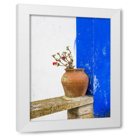 Portugal-Obidos-Plant in a terracotta pot on stone bench White Modern Wood Framed Art Print by Eggers, Julie