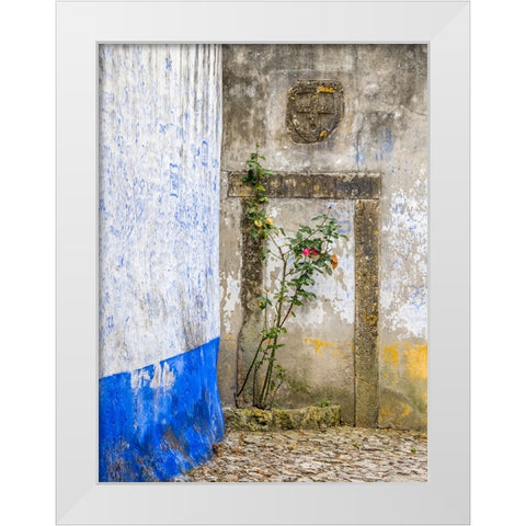 Portugal-Obidos-Red rose growing in a corner of street in Obidos White Modern Wood Framed Art Print by Eggers, Julie
