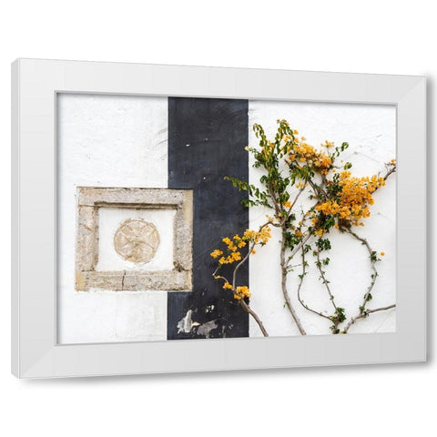 Portugal-Obidos-Orange bougainvillea growing against a wall and carved sculpture on wall White Modern Wood Framed Art Print by Eggers, Julie