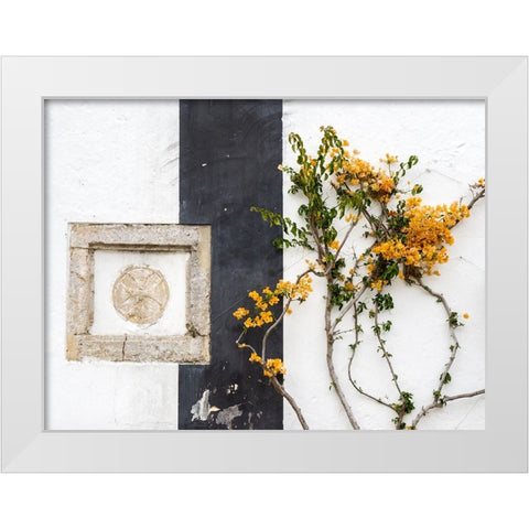 Portugal-Obidos-Orange bougainvillea growing against a wall and carved sculpture on wall White Modern Wood Framed Art Print by Eggers, Julie