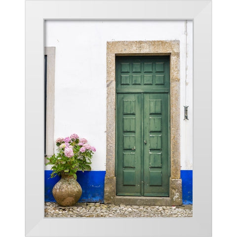 Portugal-Obidos-Pink hydrangea in terracotta pot next to a green door White Modern Wood Framed Art Print by Eggers, Julie