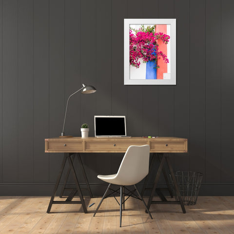 Portugal-Obidos-Dark pink bougainvillea vine against a blue-orange and white striped wall White Modern Wood Framed Art Print by Eggers, Julie