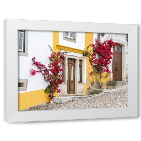 Portugal-Obidos-Dark pink bougainvillea vine growing along side the entrance of a home in the walle White Modern Wood Framed Art Print by Eggers, Julie