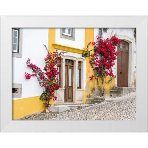 Portugal-Obidos-Dark pink bougainvillea vine growing along side the entrance of a home in the walle White Modern Wood Framed Art Print by Eggers, Julie