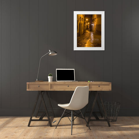 Portugal-Obidos-Walkway along the walled town of Obidos at night White Modern Wood Framed Art Print by Eggers, Julie