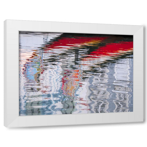 Portugal-Aveiro-Reflections of traditional and colorful salt boats-called Moliceiro-in the canals o White Modern Wood Framed Art Print by Eggers, Julie