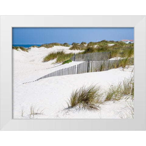 Portugal-Costa Nova-Beach grass-sand and old fence line at the beach resort of Costa Nova near Avei White Modern Wood Framed Art Print by Eggers, Julie