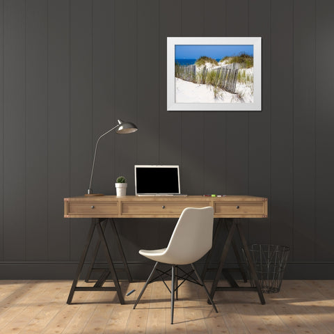 Portugal-Costa Nova-Beach grass-sand and old fence line at the beach resort of Costa Nova near Avei White Modern Wood Framed Art Print by Eggers, Julie