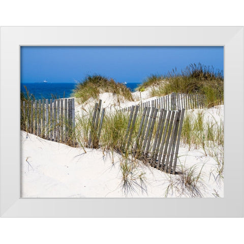 Portugal-Costa Nova-Beach grass-sand and old fence line at the beach resort of Costa Nova near Avei White Modern Wood Framed Art Print by Eggers, Julie