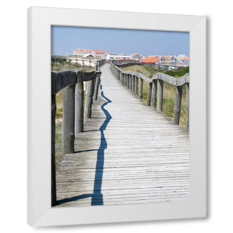 Portugal-Costa Nova-Beach and board walk at Costa Nova beach resort near Aveiro White Modern Wood Framed Art Print by Eggers, Julie