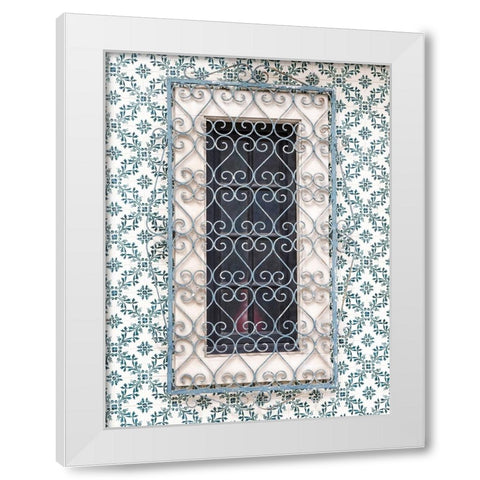 Portugal-Aveiro-Shuttered window on tiled wall with wrought iron covering White Modern Wood Framed Art Print by Eggers, Julie