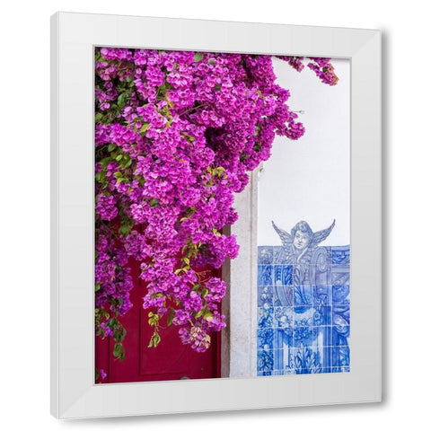 Portugal-Lisbon-Pink flowers of Bougainvillea plant and historical building next to Miradouro de Sa White Modern Wood Framed Art Print by Eggers, Julie
