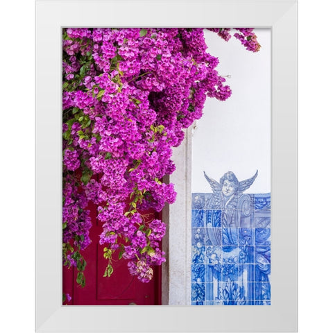 Portugal-Lisbon-Pink flowers of Bougainvillea plant and historical building next to Miradouro de Sa White Modern Wood Framed Art Print by Eggers, Julie