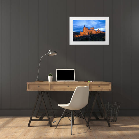 Europe, Spain, Segovia Alcazar castle at sunset White Modern Wood Framed Art Print by Zuckerman, Jim