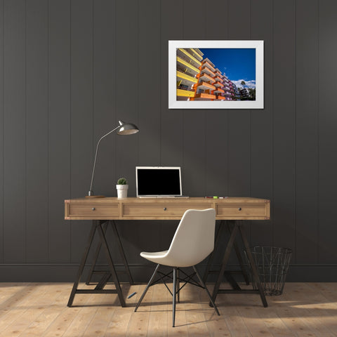 Spain-Canary Islands-Gran Canaria Island-Playa del Ingles-colorful balconies White Modern Wood Framed Art Print by Bibikow, Walter