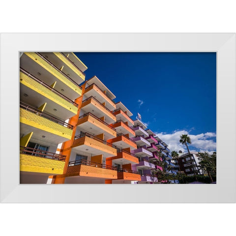 Spain-Canary Islands-Gran Canaria Island-Playa del Ingles-colorful balconies White Modern Wood Framed Art Print by Bibikow, Walter