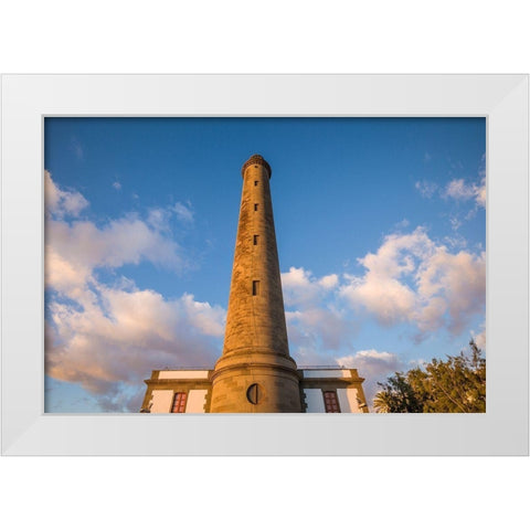 Spain-Canary Islands-Gran Canaria Island-Maspalomas-Maspalomas Lighthouse-sunset White Modern Wood Framed Art Print by Bibikow, Walter