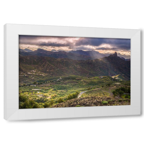 Spain-Canary Islands-Gran Canaria Island-Tejeda-mountain landscape with Roque Bentayga White Modern Wood Framed Art Print by Bibikow, Walter