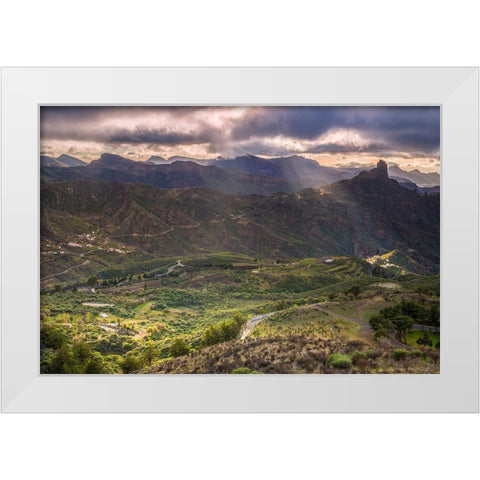 Spain-Canary Islands-Gran Canaria Island-Tejeda-mountain landscape with Roque Bentayga White Modern Wood Framed Art Print by Bibikow, Walter