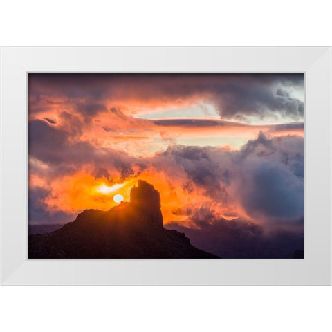 Spain-Canary Islands-Gran Canaria Island-Tejeda-mountain landscape with Roque Bentayga-sunset White Modern Wood Framed Art Print by Bibikow, Walter